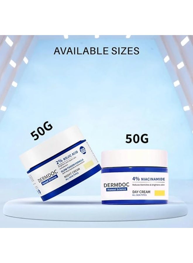 DERMDOC Ultimate Skin Brightening 4% Niacinamide Face Day Cream (50 gm) for Glowing Skin & Improved Texture + 2% Kojic Acid Night Cream (50 gm) with Niacinamide & Alpha Arbutin for Dark Spot Reduction, Anti-Aging, and Even-Toned Radiance – Pack of Two - Image 4